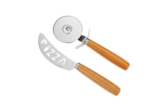 Pino Pizzaset kniv och skärare i rostfritt stål handtag akacia trä